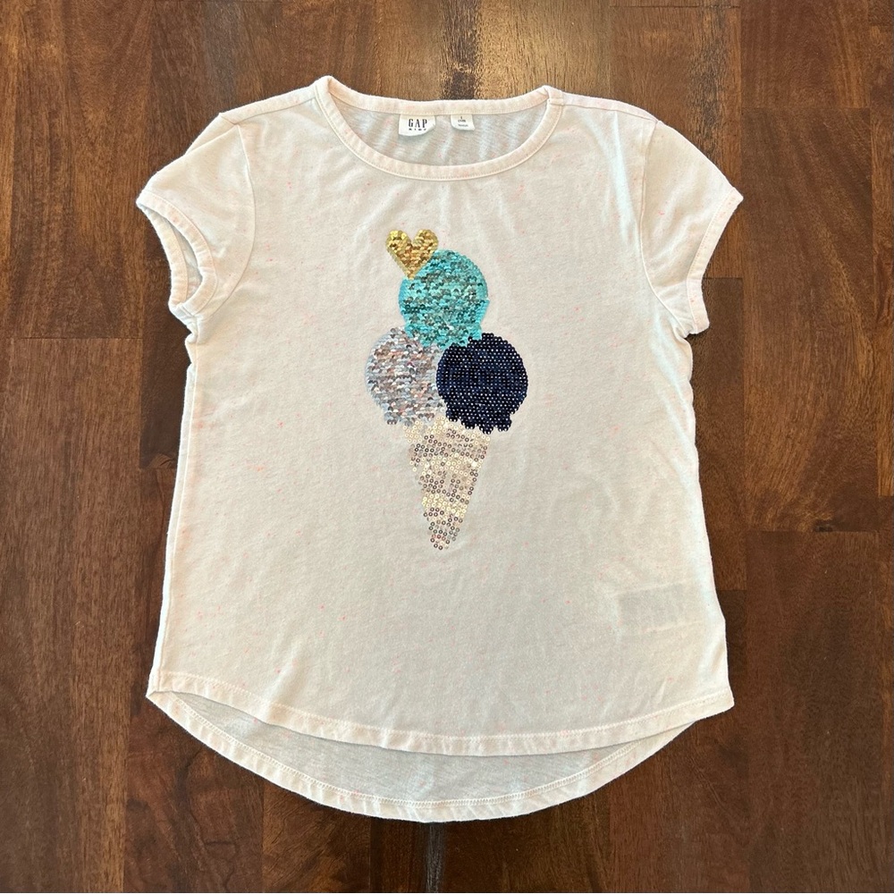 Kids Gap Size 10 Sequin Flip Ice Cream Short Sleeve Top, Blue flips to Pink/Red.